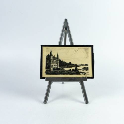 Vintage Bild, eine alte Darstellung eines großen Gebäudes mit See oder Fluß, s/w, typisch mit Glasplatte und ohne Rahmen