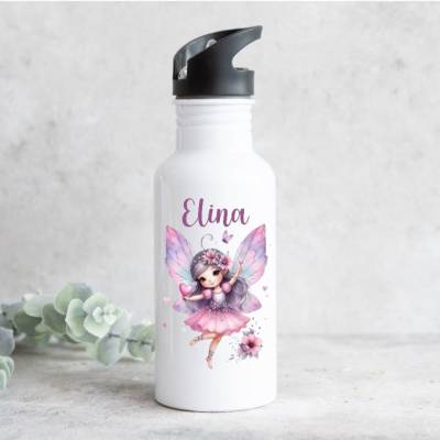 Personalisierte Kinder Trinkflasche mit Name Fee Mädchen Edelstahl Strohhalm 