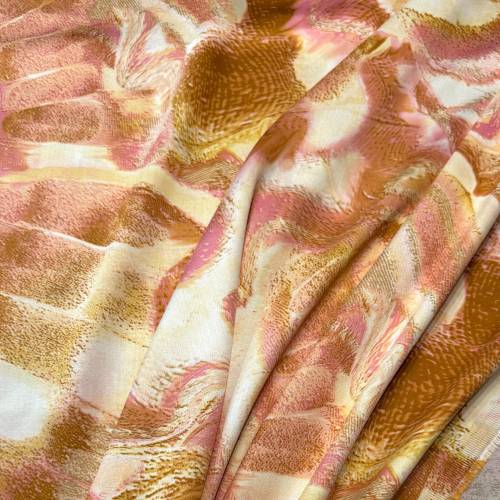 Viskose Satin mit Schmetterlingsmuster in Goldbraun, Rosa, Creme für fließende Kleider, Röcke, Blusen