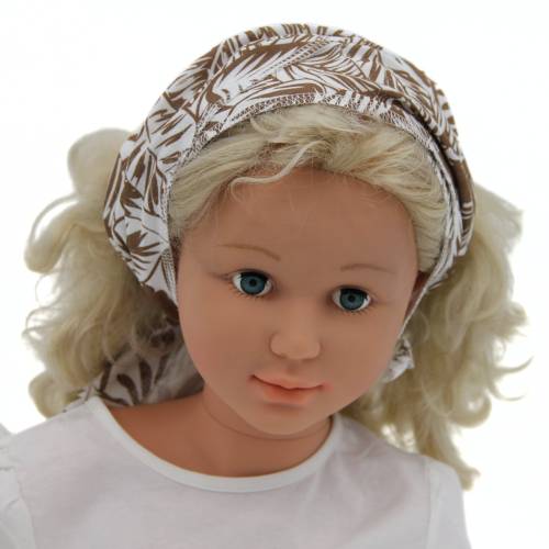 Haarband zum Selberbinden aus Bio-Musselin  mit Palmblätter-Motiv beige auf weißem Hintergrund