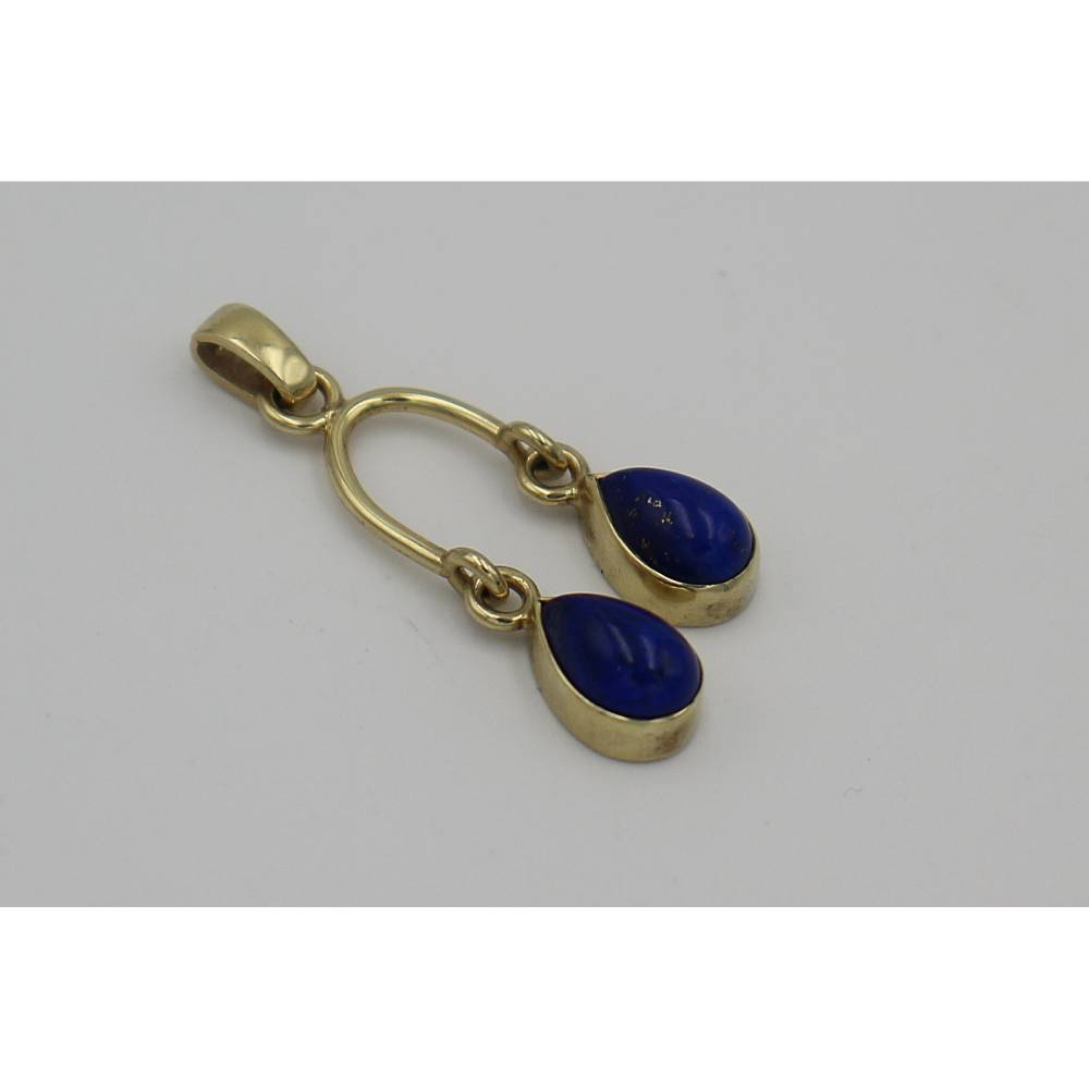 Lapislazuli Anhänger 585 Gold – Handgefertigtes Einzelstück, Kettenanhänger mit 2 Lapislazuli-Tropfen in 14K Gelbgold Bild 2