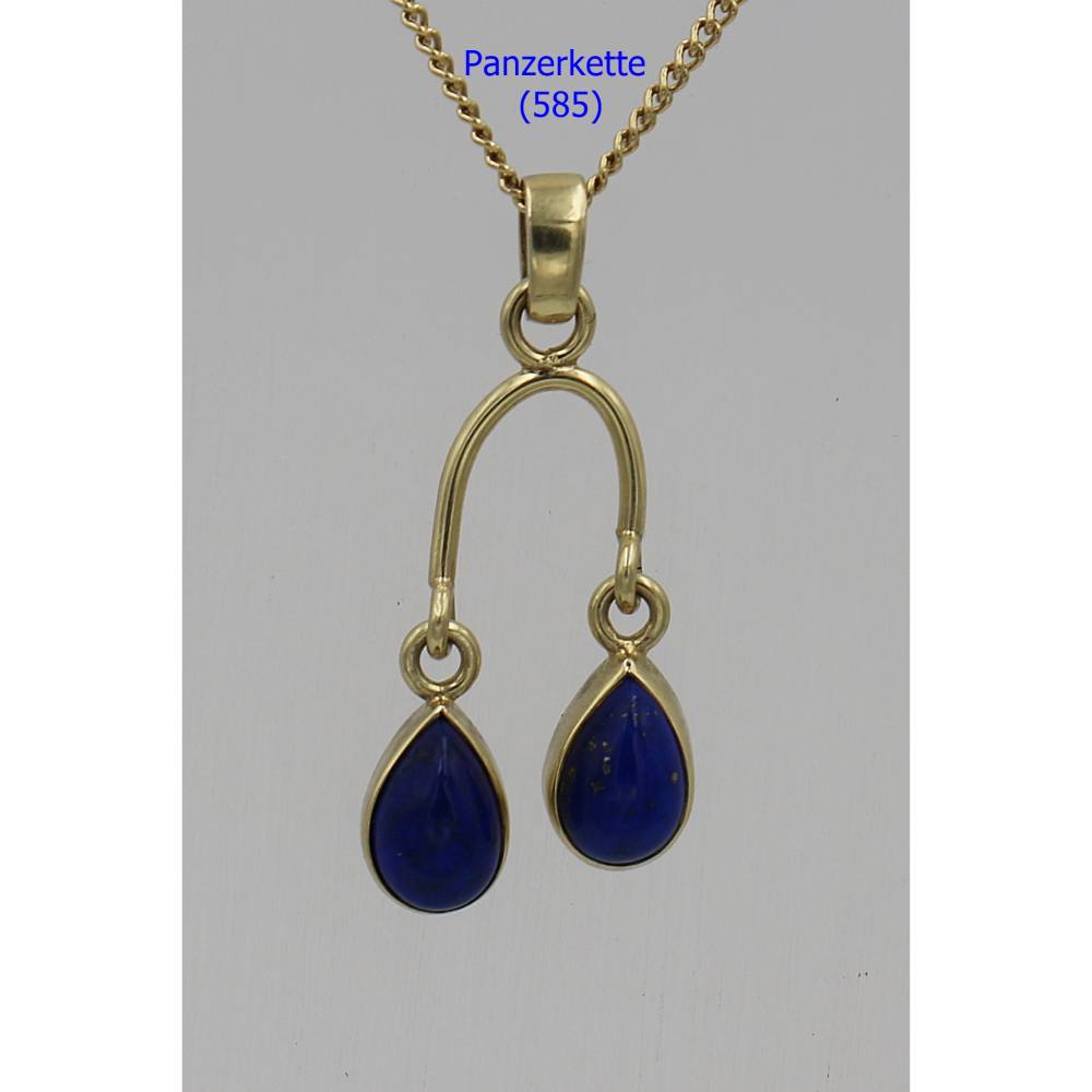 Lapislazuli Anhänger 585 Gold – Handgefertigtes Einzelstück, Kettenanhänger mit 2 Lapislazuli-Tropfen in 14K Gelbgold Bild 3