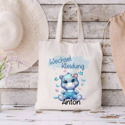 Wechselkleidung Tasche Hippo Jungen mit Namen Beutel Ersatzkleidung Kita Kindergarten Wechselwäsche T