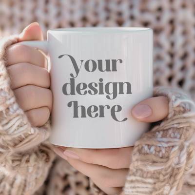 Vorlage | Mockup Tasse | weiße Keramiktasse | in der Hand gehaltene Tasse | Kaffeebecher