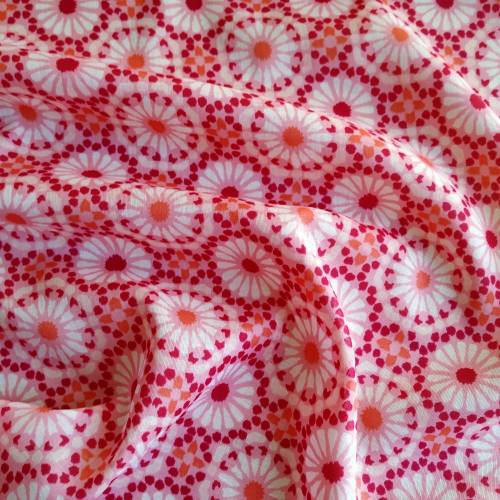 Batist Baumwollstoff mit blumigen Ornamenten in Rosa, Weiß, Weinrot und Orange - italienischer Sommerstoff