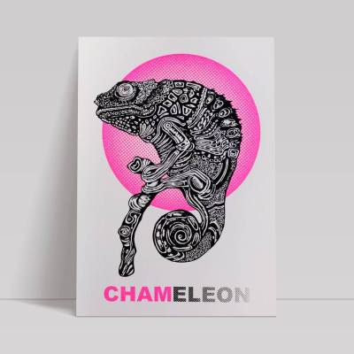 Chameleon Siebdruck – Handgemachte Wandkunst in Schwarz & Neonpink | A4