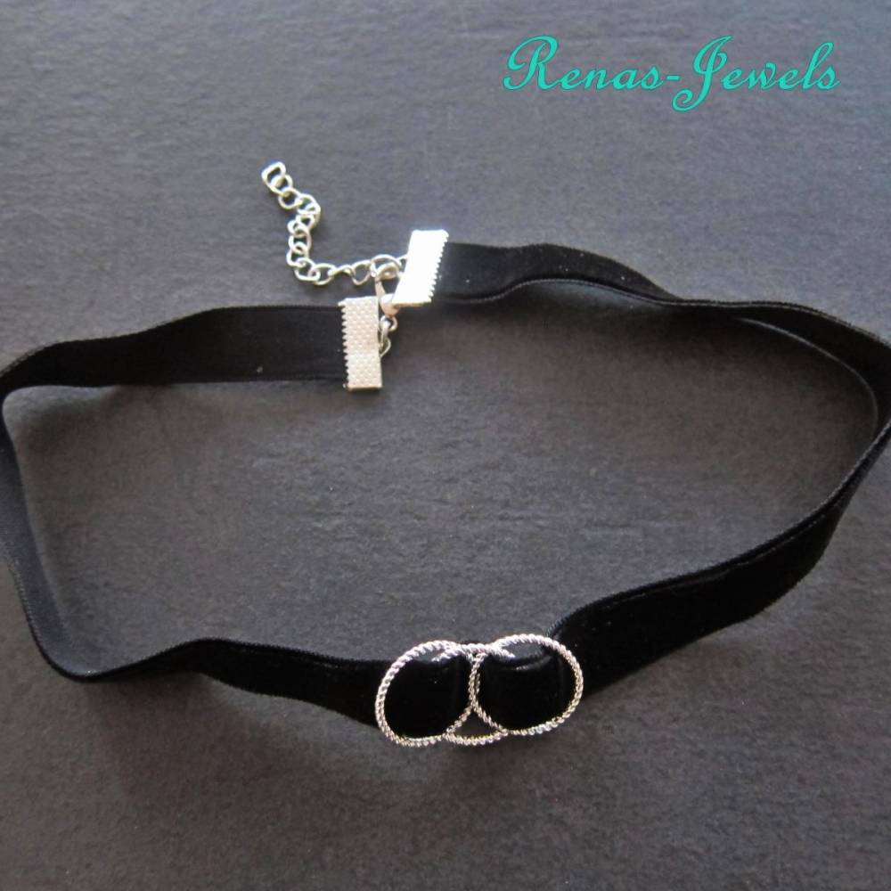 Choker Kette Kropfband Halsband Samt schwarz silber Schmuckringe 32 cm +  Verlngerung