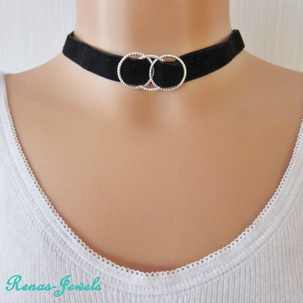 Choker Kette Kropfband Halsband Samt schwarz silber Schmuckringe 32 cm +  Verlngerung