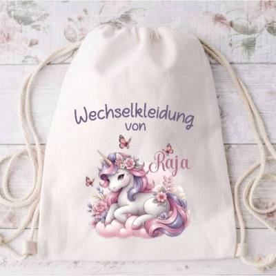 Wechselkleidung Tasche Einhorn Mädchen mit Namen Beutel Ersatzkleidung Kita Kindergarten Wechselwäsche T
