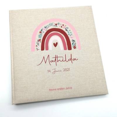 Fotoalbum personalisiert Baby, Kind "RegenbogenBlumen" Leinen, Erinnerungsalbum, Fotoalbum Geschenk z