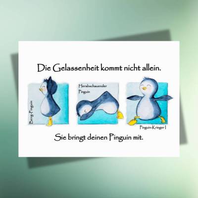 Pinguin-Yoga Postkarte – 3 entspannte Yoga-Pinguine auf Kraftpapier DIN A6
