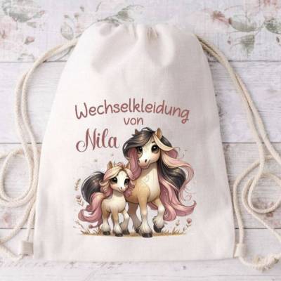 Wechselkleidung Tasche Pferd Mädchen mit Namen Beutel Ersatzkleidung Kita Kindergarten Wechselwäsche T