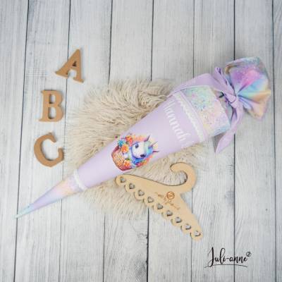 Schultüte Stoff Einhorn im Blumenkorb Flieder Holo Glitzer 70cm 85cm   *personalisierbar und mit Kisseninlet