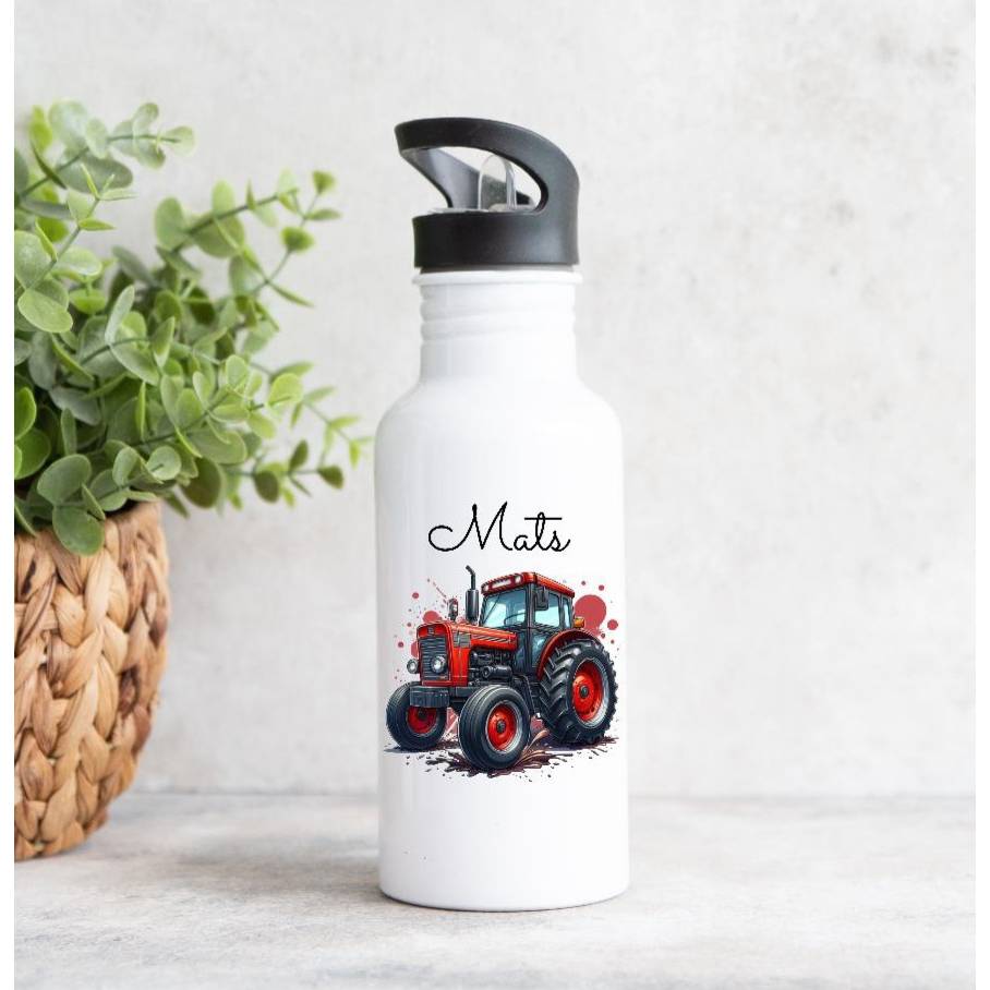 Personalisiertes Kinder Trinkflasche mit Name Traktor Junge Edelstahl Strohhalm
