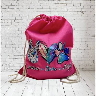 Rucksack Turnbeutel Stoffbeutel Peace Love Dog
