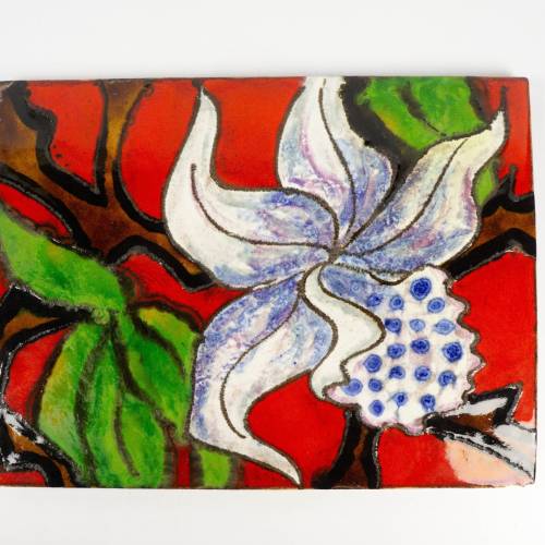 Wandplatte von Ruscha, länglich, Vintage, 60er Jahre, mit glatter Oberfläche, Darstellung einer großen weißen Blüte, Han