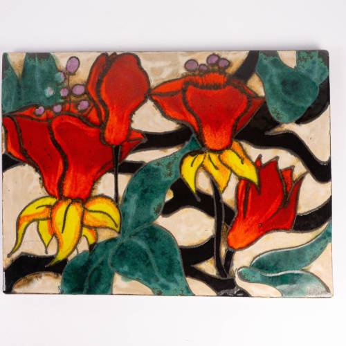 Wandplatte von Ruscha, länglich, Vintage, 60er Jahre, mit glatter Oberfläche, Darstellung von Blüten, Magnolien, Handarb