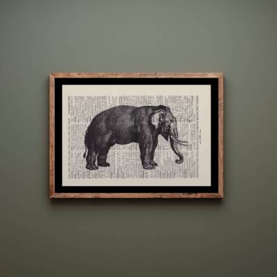 Elefant No.2 - Druck auf antiquarischer Buchseite / bedruckte Buchseite