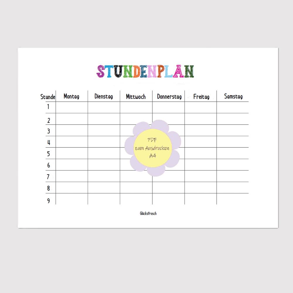Stundenplan A4 PDF zum Ausdrucken weiß mit bunter Schrift Freebie Bild 1