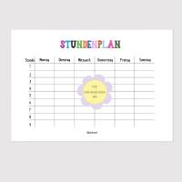 Stundenplan A4 PDF zum Ausdrucken weiß mit bunter Schrift Freebie