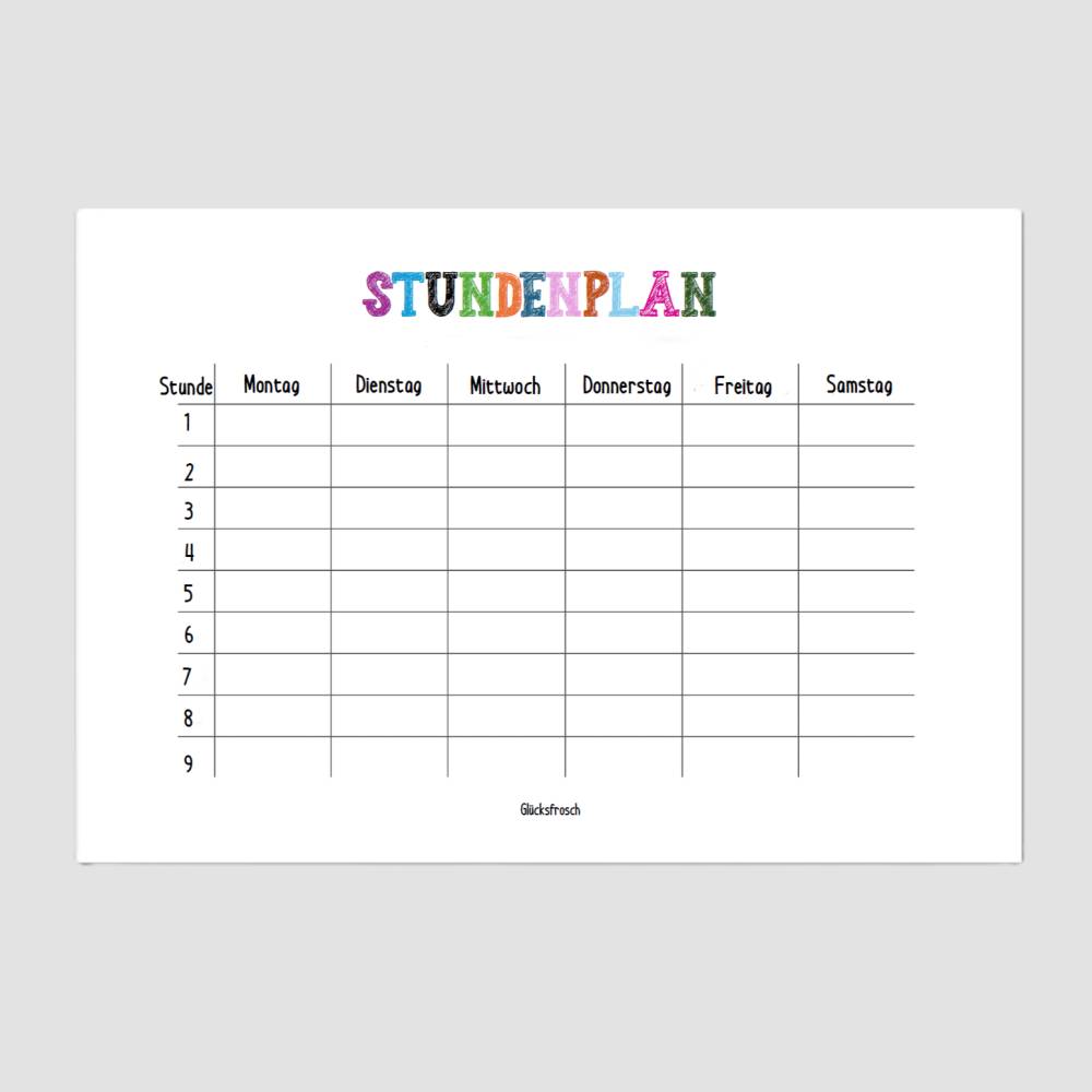 Stundenplan A4 PDF zum Ausdrucken weiß mit bunter Schrift Freebie Bild 2
