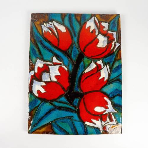 Wandplatte von Ruscha, länglich, Vintage, 60er Jahre, mit glatter Oberfläche, Darstellung von Blüten, Handarbeit