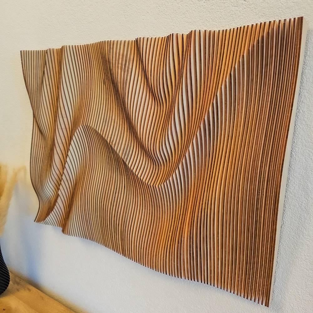 Deko Holz Wand, handgemachtes Lammellenbild, Parametrische Wanddeko, 3D Wandbild, Wandkunst aus Holz Bild 2