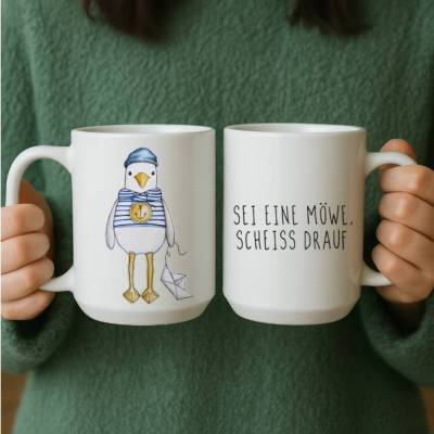 Tasse „Sei eine Möwe, scheiss drauf“ – lustige Küsten-Tasse mit Möwe im Matrosen-Look, 440 ml