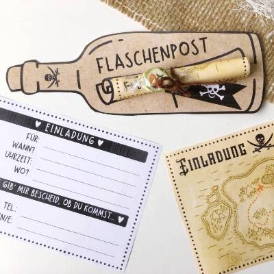Druckvorlage Kindergeburtstag Einladung I Flaschenpost I Piraten I Geburtstagseinladung I Bastelvorlage Einladungskarte