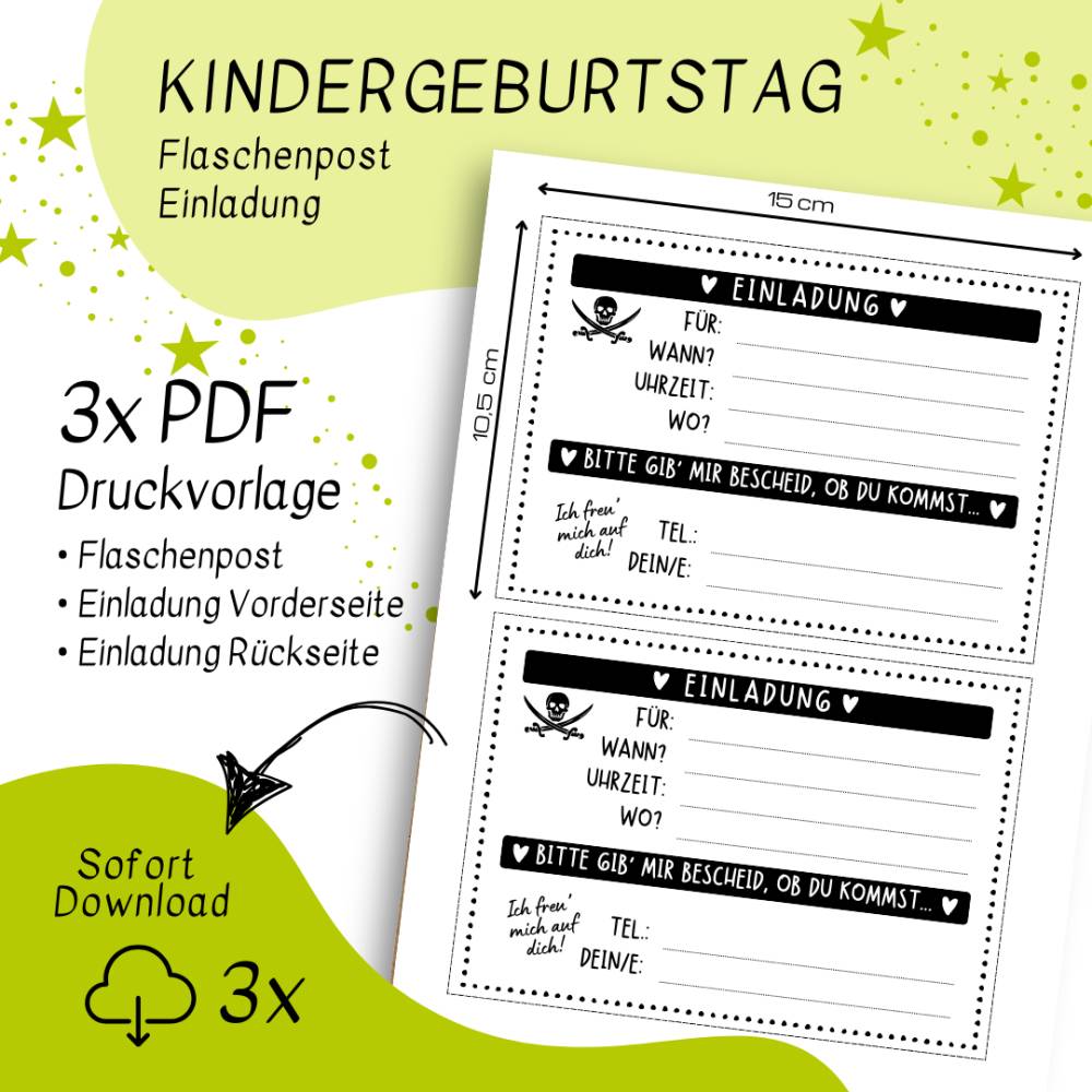 Druckvorlage Kindergeburtstag Einladung I Flaschenpost I Piraten I Geburtstagseinladung I Bastelvorlage Einladungskarte Bild 3