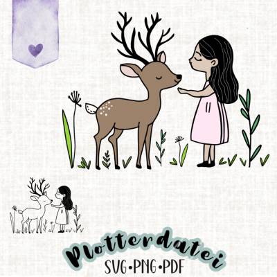 Märchenhafte Plotterdatei – Mädchen mit Reh / Hirsch im Wald