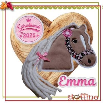 Süßes Pferde Applikations-Set zur Einschulung – 3D Button, Wollmähne & Wunschname für Schulkinder