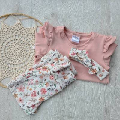 Stylisches Frühlingsset Größe 92 - Longsleeve mit Flügelchen, bequeme Hose & passendes Haarband