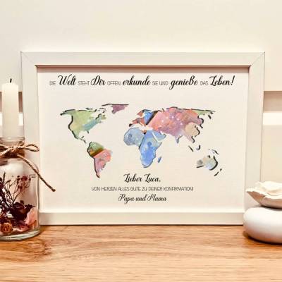 Personalisiertes Erinnerungsstück zur Konfirmation | Geldgeschenk im Bilderrahmen mit Weltkarte Abendteurer