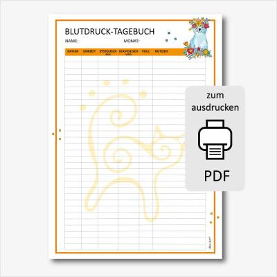Blutdrucktagebuch PDF zum Ausdrucken – Blutdrucktabelle mit Katzen orange
