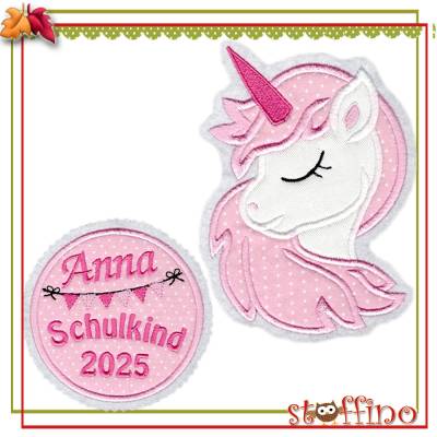 Einhorn Applikation 2tlg. Set zur Einschulung mit Wunschname – Schultüte & Button Schulkind 2026
