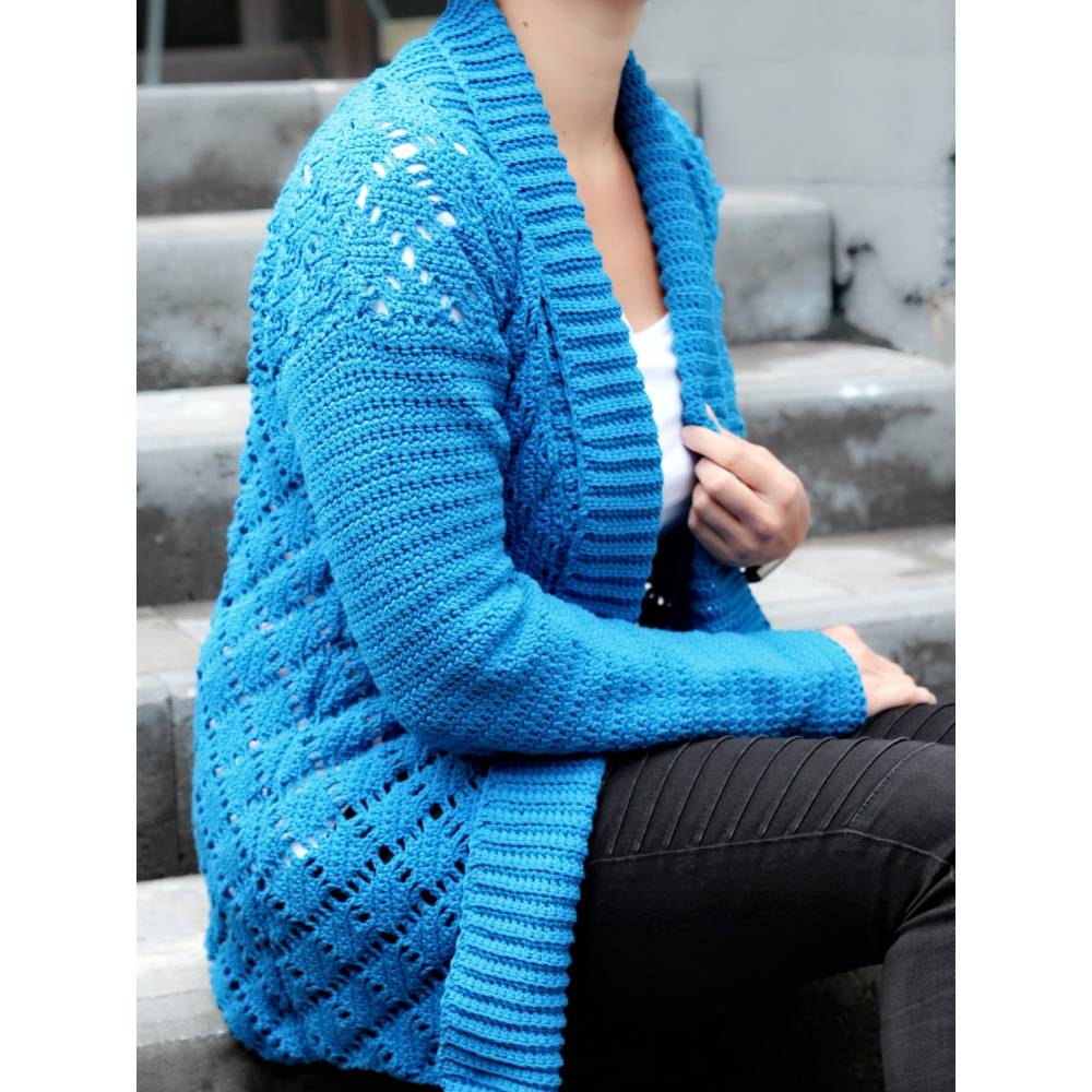 Häkelanleitung Cardigan/Strickjacke mit Rautenmuster und Kragen, Gr. XS-XXL Bild 1