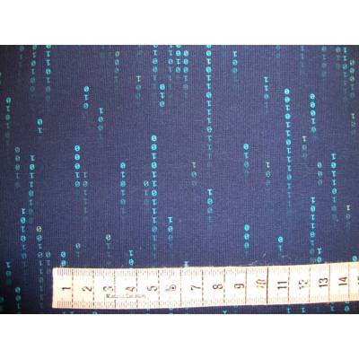 Rest 0,38m Baumwolljersey Matrix Computerschrift türkis blau – Nerd Männerstoff für Bekleidung & Kinderkleidung
