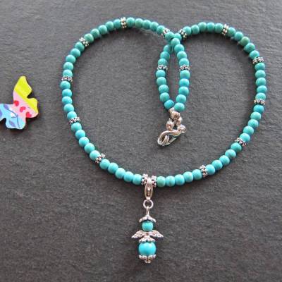 Kinderkette Türkis Blau mit Schutzengel Anhänger – Edelstein Schmuck für Mädchen