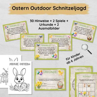 Ostern Outdoor Schnitzeljagd Set für Kinder mit 30 Hinweisen, Urkunde, Spielen & Ausmalbildern, Schatzsuche ab 6 Jahren