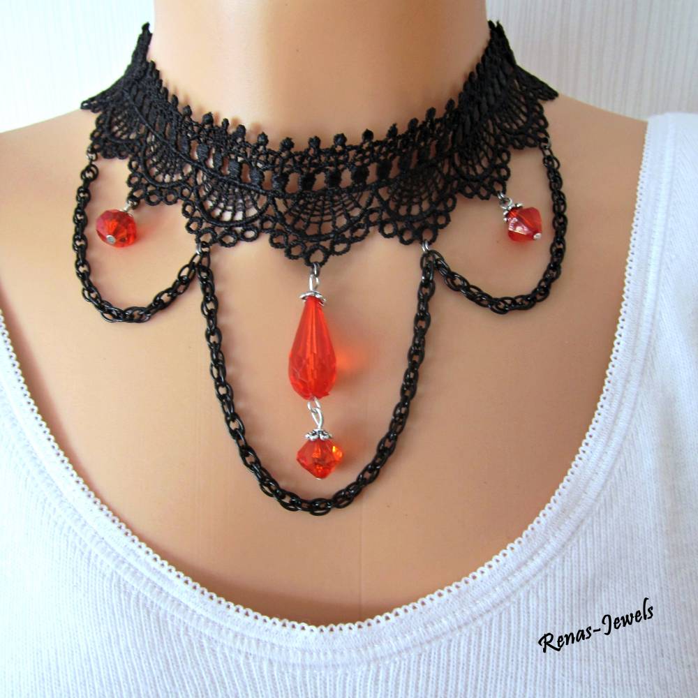 Kropfband Kropfkette schwarz rot Spitze Tropfen Perlen Gothic Halsband  Choker Kette kaufen