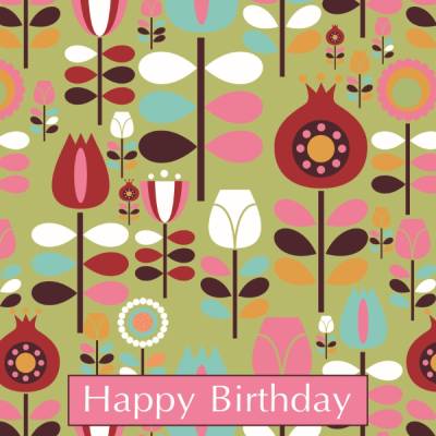 Postkarte Happy Birthday, 10 Glückwunschkarten Garten Der Siebziger, mit stilisierten Frühlingsblumen