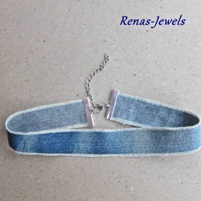 Upcycling Choker Kette Halsband Blau Silber aus Jeans – Handgemachtes Kropfband mit Karabiner, 35 cm + 7 cm Verlängerung