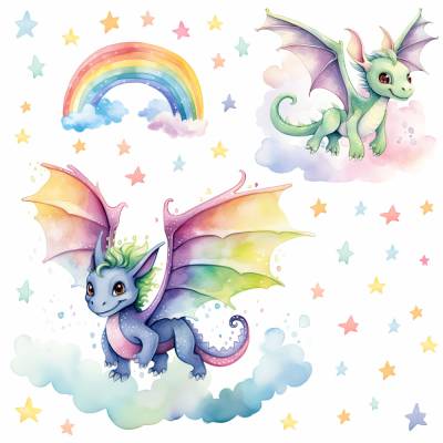 255 Wandtattoo bunte Drachen mit Regenbogen und Sternen in 6 vers. Größen