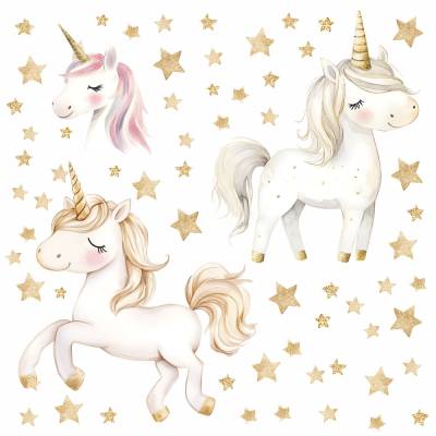 256 Wandtattoo Einhorn weiß mit gelben Sternen in 6 vers. Größen