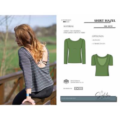 PDF-Schnittmuster Shirt Hazel (Gr. 34-54) – femininer Look mit tiefem Rückenausschnitt, vielseitigen Längen & Ärmeln.