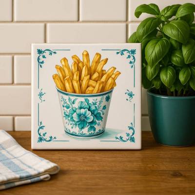 Keramikfliese Pommes Motiv – dekoratives Blumen Design, personalisierbar, originelle Wanddeko & Geschenkidee