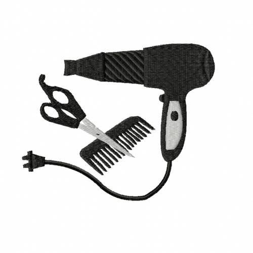 Stickdatei Friseur, zwei Größen, Rahmen 10 cm x 10 cm, Fön, Haare, Schere, Kamm