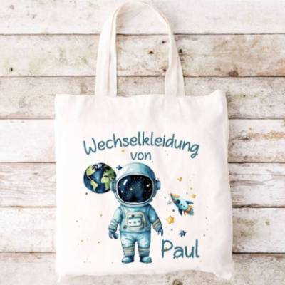 Wechselkleidung Tasche Astronaut Junge mit Namen Beutel Ersatzkleidung Kita Kindergarten Wechselwäsche Turnbeutel 