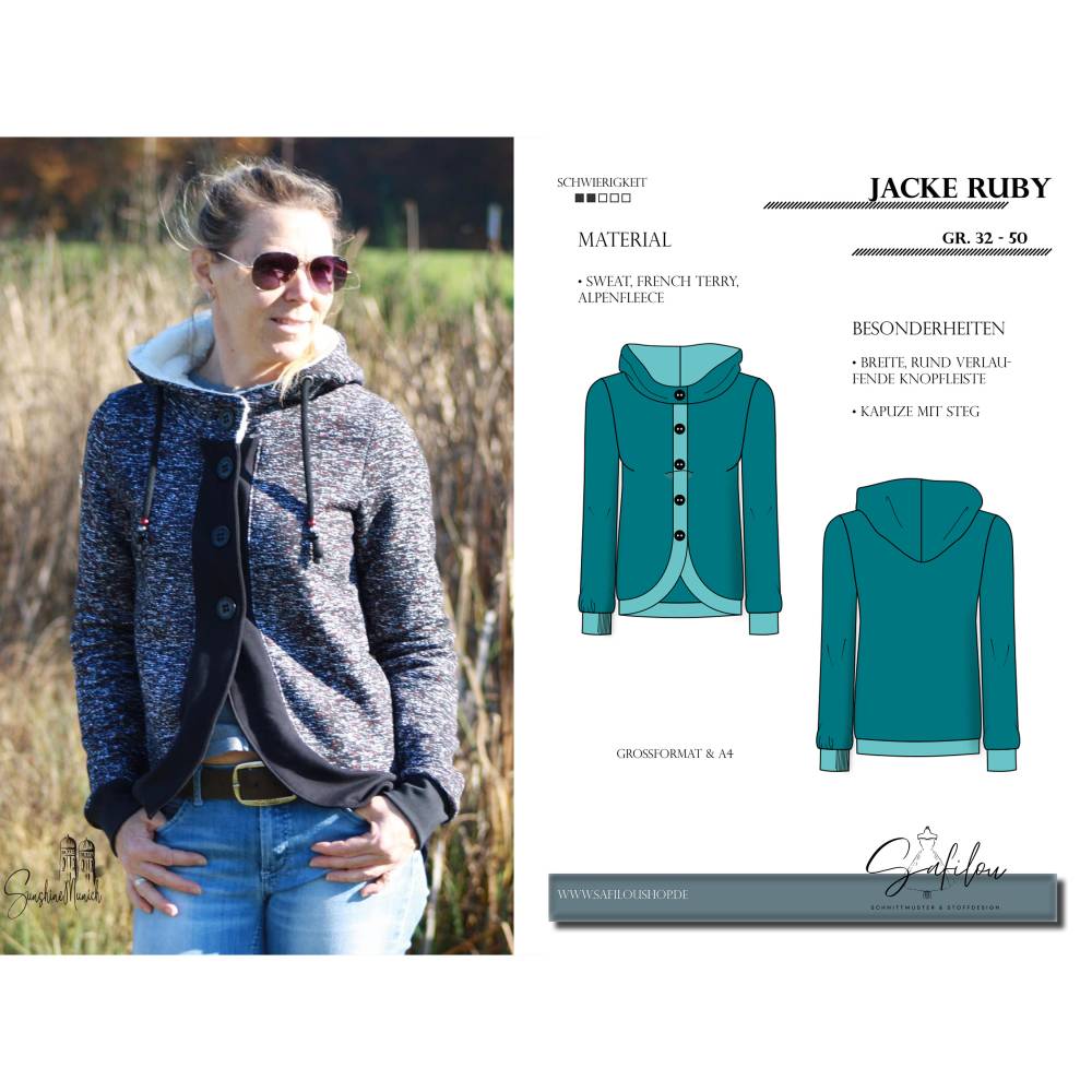 PDF-Schnittmuster Jacke Ruby (Gr. 32-50)Modische Jacke mit breiter, rund verlaufender Knopfleiste und praktischer Kapuze Bild 1